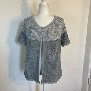 Chico's Silver Gray Metallic Loose Knit Open Front Cardigan Top Size 2 - Large